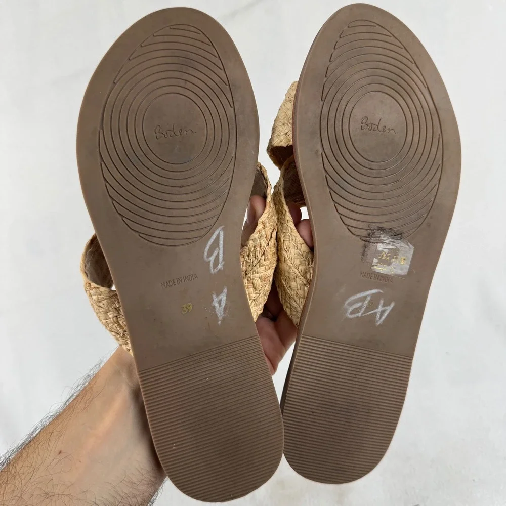 Boden‎ Raffia Criss Cross Sandals Tan Brown Leather Womens Size 39 US 8.5